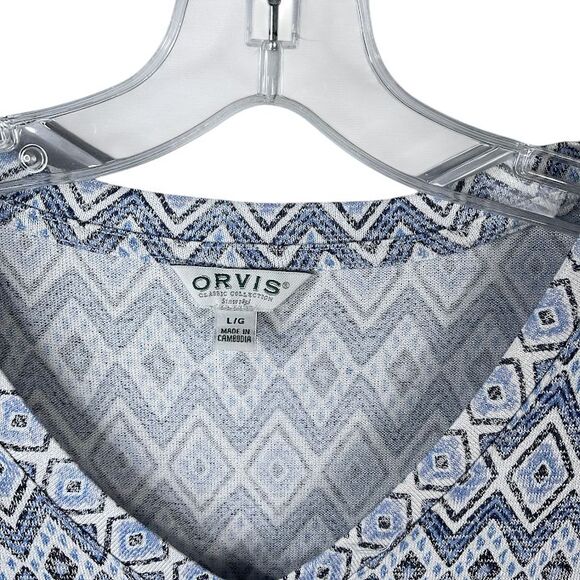Orvis Womens Size LARGE V-Neck Short Sleeve Top Blue Diamond Casual Shirt - Picture 8 of 9